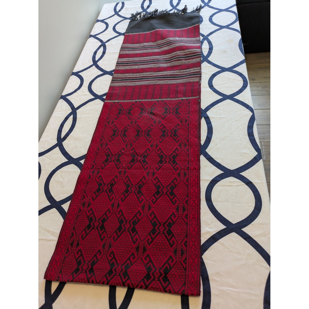 Hattasin Handmade Northern Thailand Cotton Table Runner Red Black Geometric 64in